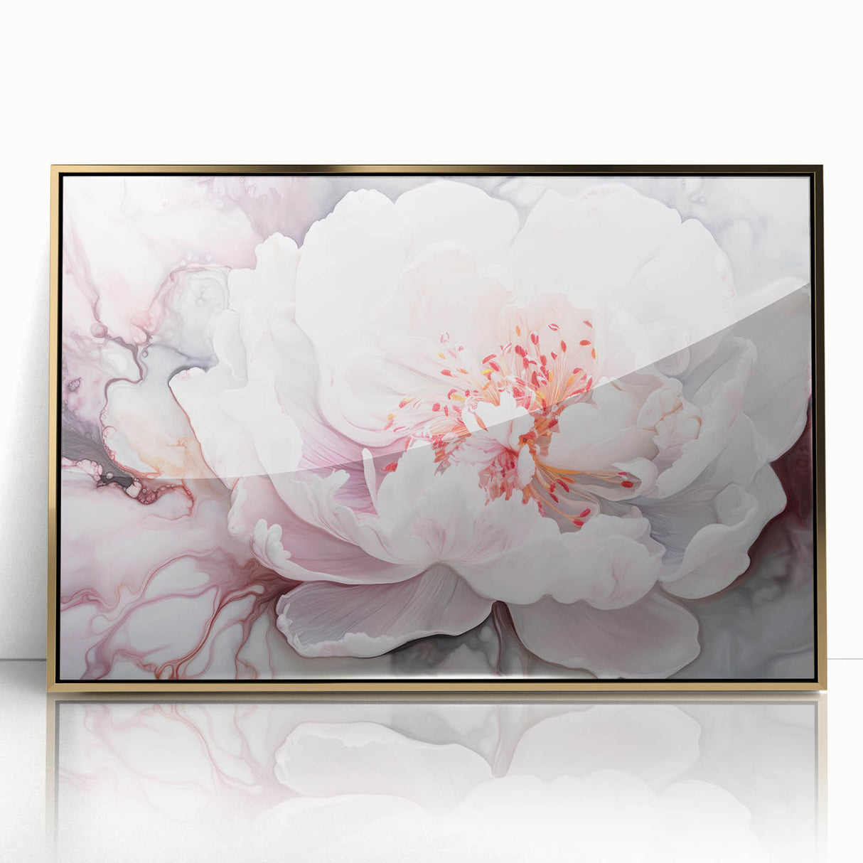 Framed acrylic artwork showcasing a vibrant abstract floral design in gold and pastel colors, perfect for modern home decor. Ideal for enhancing interior spaces.