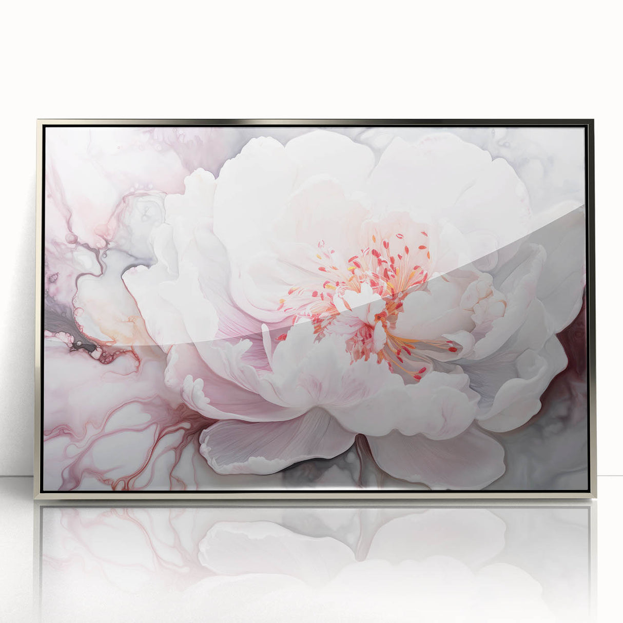 Framed acrylic artwork featuring an abstract floral design in silver tones, showcasing intricate details and vibrant colors against a modern backdrop, ideal for contemporary decor.