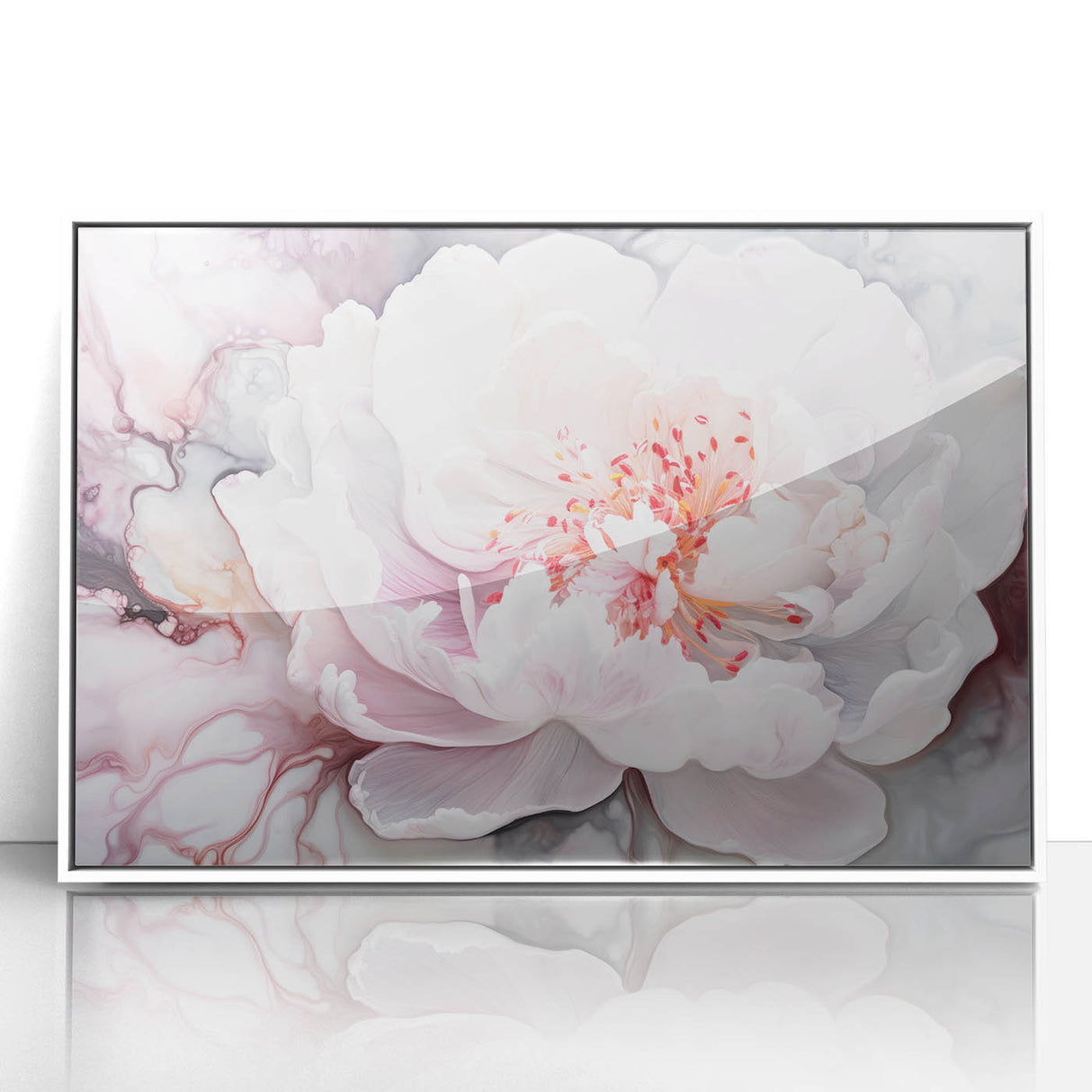 Framed acrylic artwork showcasing an abstract floral design with vibrant colors, set against a sleek white background, perfect for modern home decor.