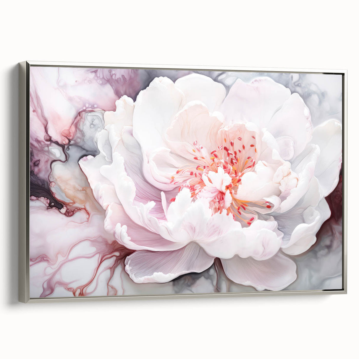 Framed canvas artwork showcasing abstract floral designs in vibrant colors, set against a sleek silver frame, ideal for modern home decor accents.