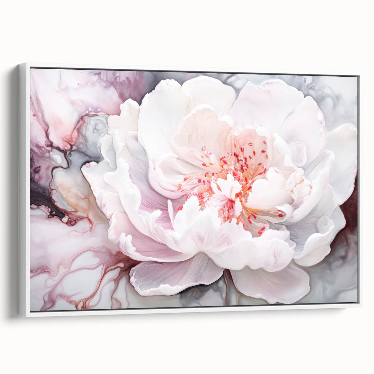 Framed abstract floral canvas artwork in a white frame, showcasing vibrant colors and intricate patterns, perfect for modern home decor or office spaces.
