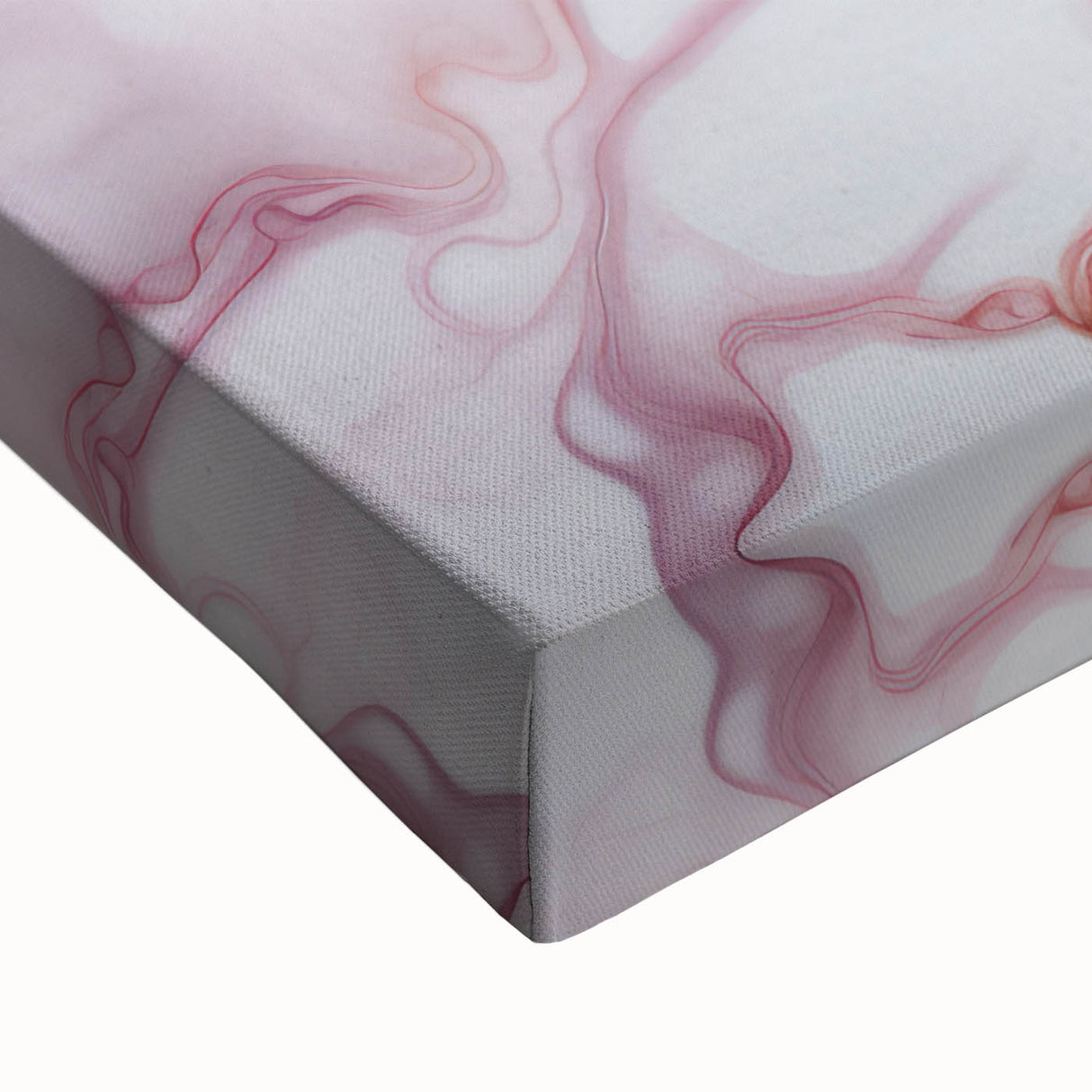 Vibrant close-up of an abstract floral stretched canvas artwork, showcasing intricate brush strokes and a rich color palette of pinks, greens, and blues, ideal for modern home decor.