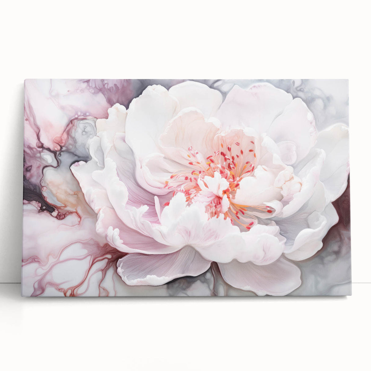 Abstract floral design stretched canvas artwork leaning against a neutral wall. Vibrant colors in shades of pink, blue, and gold create a modern decorative piece, ideal for enhancing contemporary interiors.