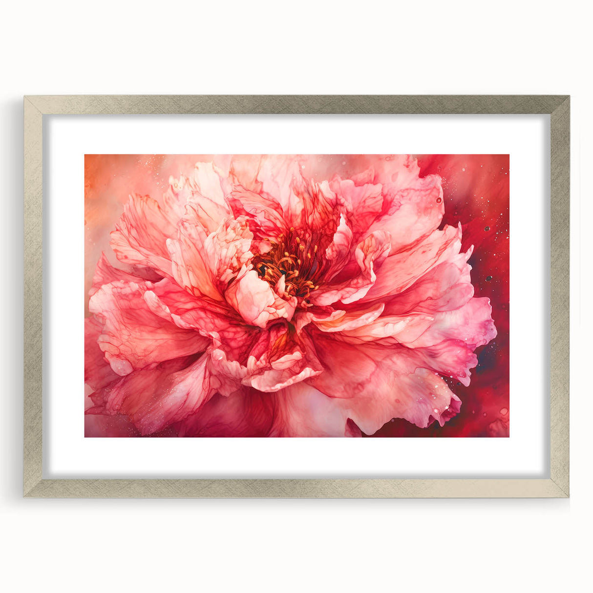 Abstract floral artwork framed in silver with a mat finish, showcasing intricate details and vibrant colors, ideal for modern home decor and art enthusiasts.