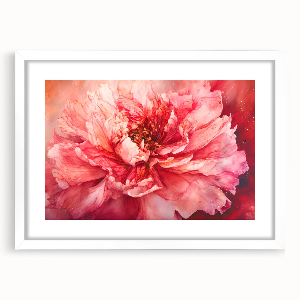 Abstract floral wall art framed in a sleek white mat, showcasing vibrant colors and intricate details, ideal for modern home decor or gallery display.