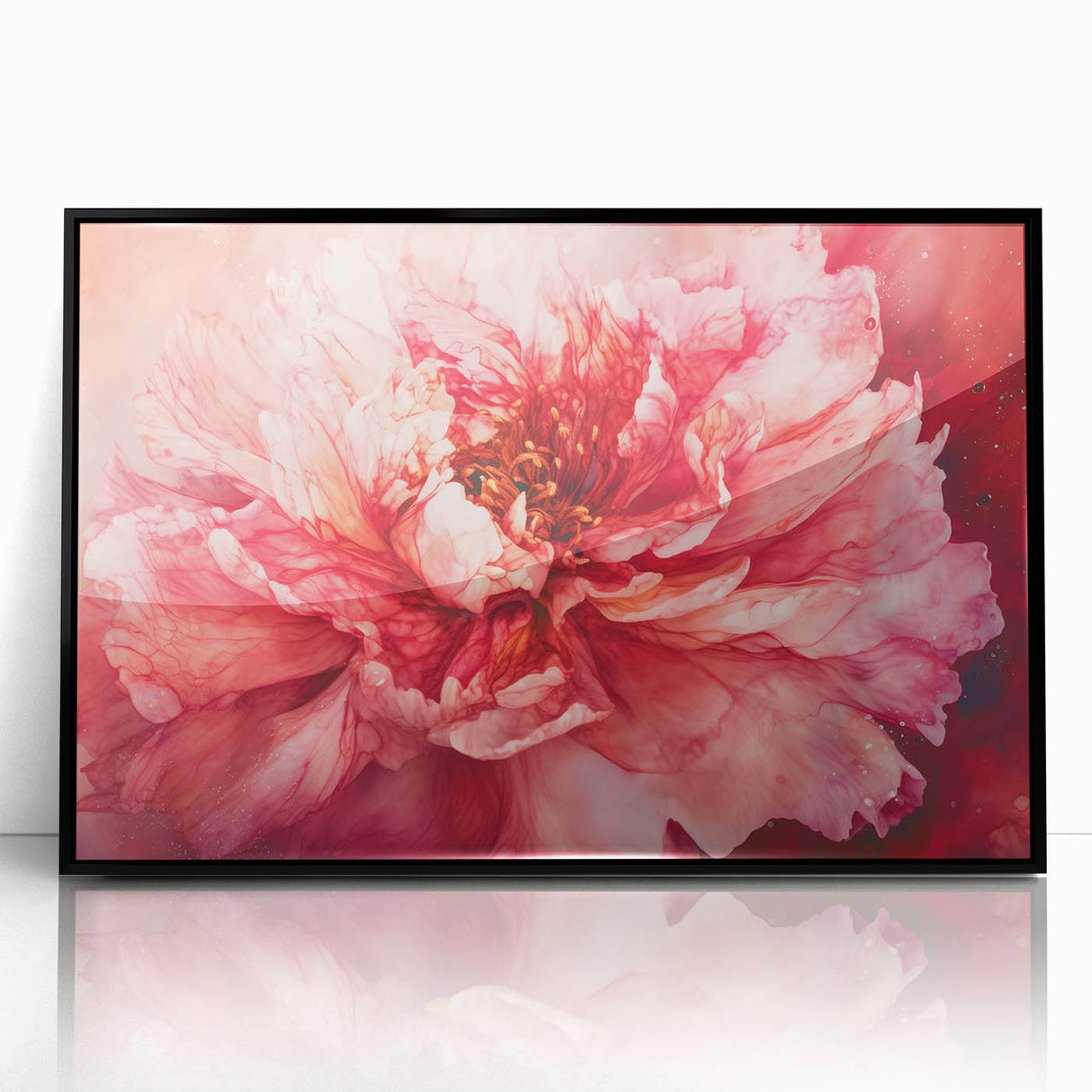 Framed acrylic artwork featuring vibrant abstract floral design in shades of blue and pink, elegantly displayed with a sleek black frame, perfect for modern decor.