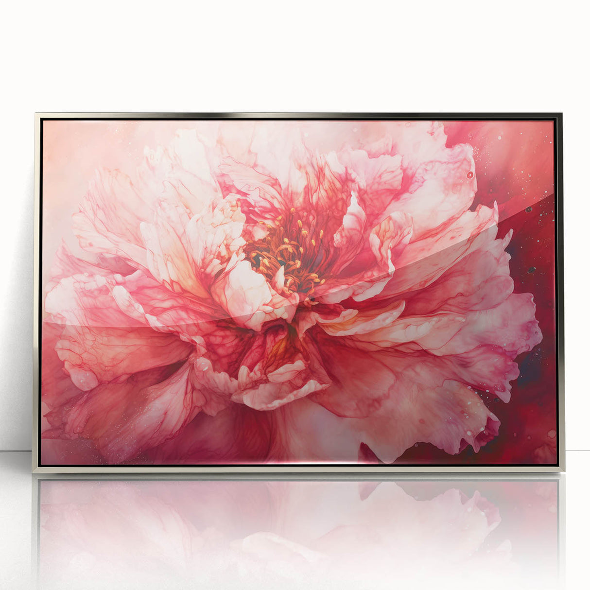 Framed acrylic artwork featuring abstract floral designs in vibrant colors, elegantly displayed with a sleek silver frame, perfect for modern home decor.