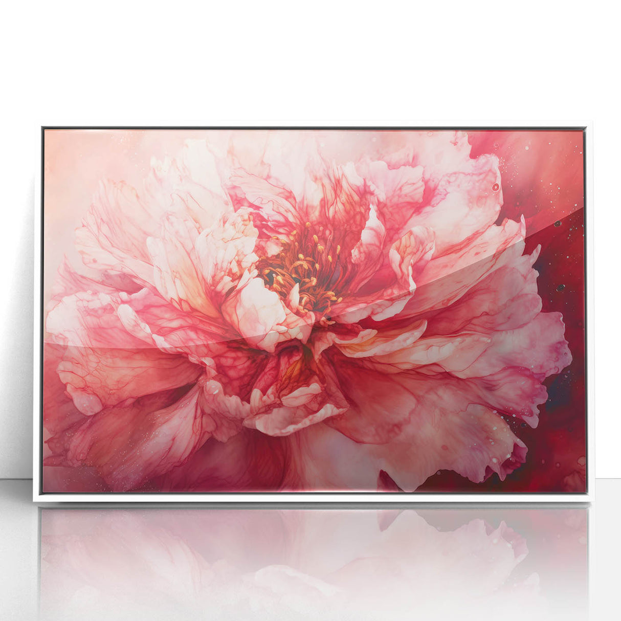 Framed acrylic artwork showcasing vibrant abstract florals in a white frame, perfect for modern home decor. Ideal for adding a pop of color and elegance to any room.