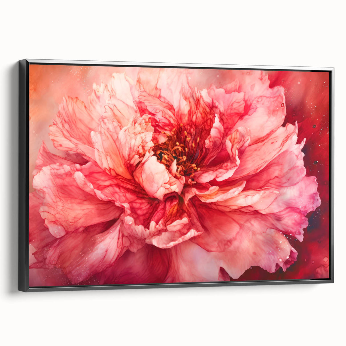 Framed canvas artwork showcasing abstract floral designs in vibrant colors, set against a sleek black frame, ideal for modern home decor and artistic enhancement.