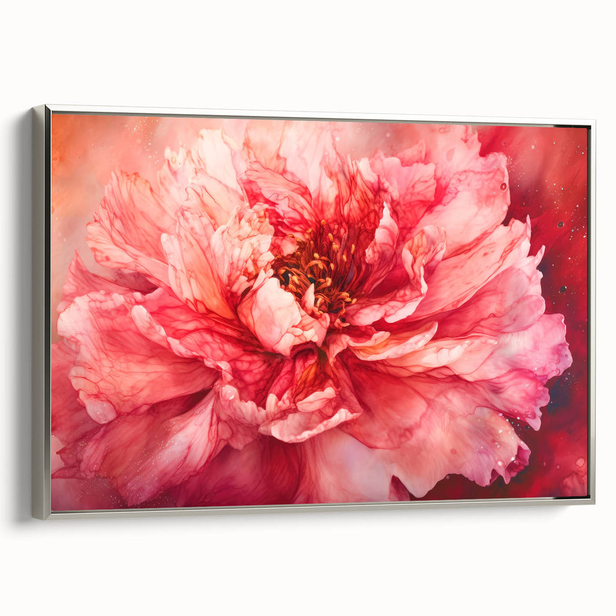 Framed canvas artwork showcasing abstract florals in vibrant colors, set against a sleek silver frame, ideal for modern home decor. Perfect for adding elegance to any room.