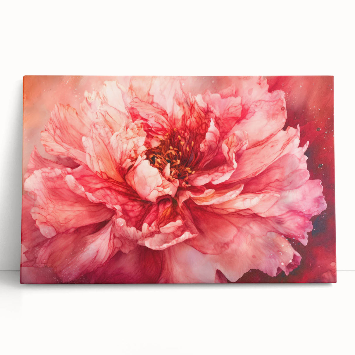 Abstract floral canvas art featuring vibrant colors and intricate designs, elegantly leaning against a neutral wall, perfect for home decor accents.