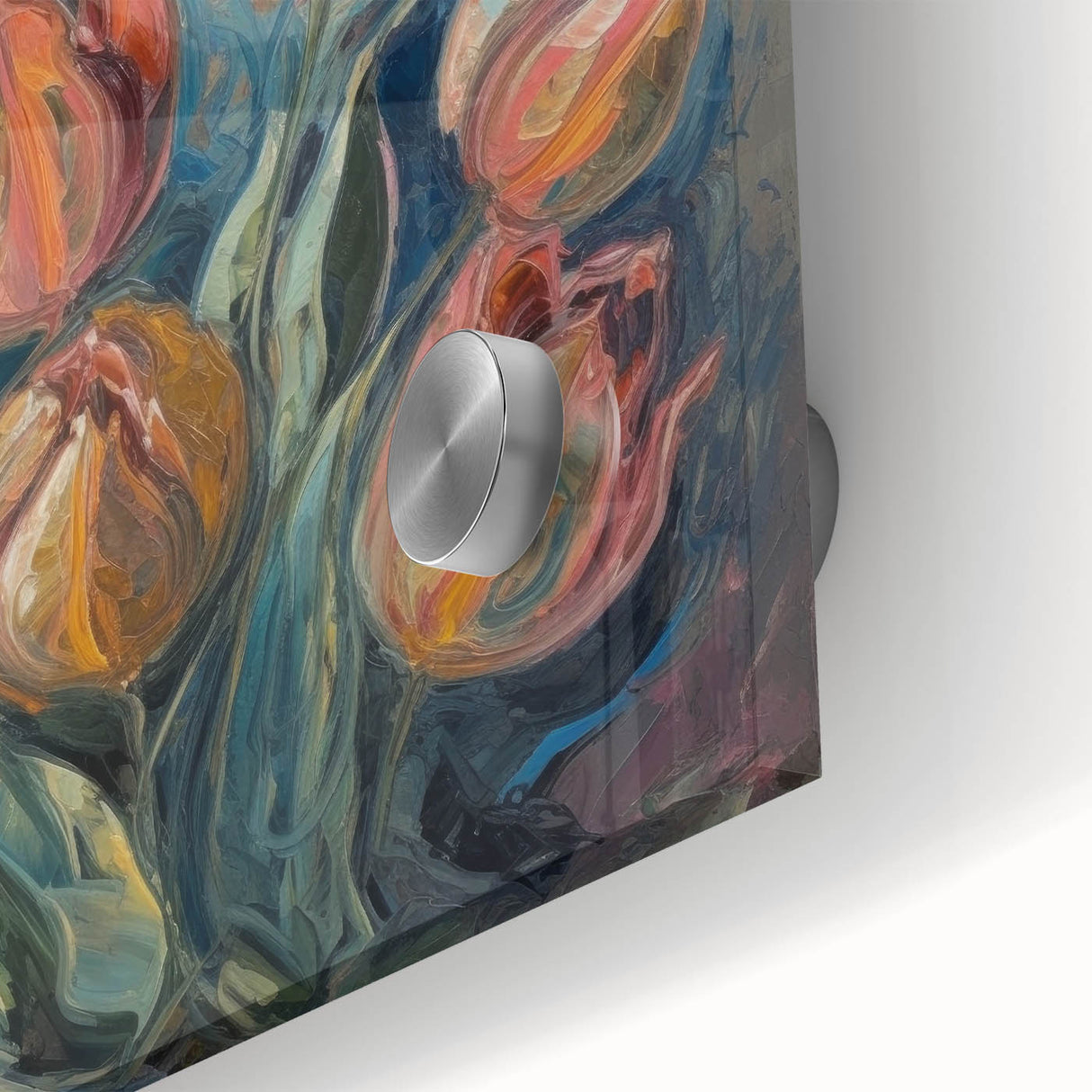 Close-up of abstract floral acrylic artwork on glass, showcasing vibrant colors and intricate details, perfect for modern home decor or gallery display.