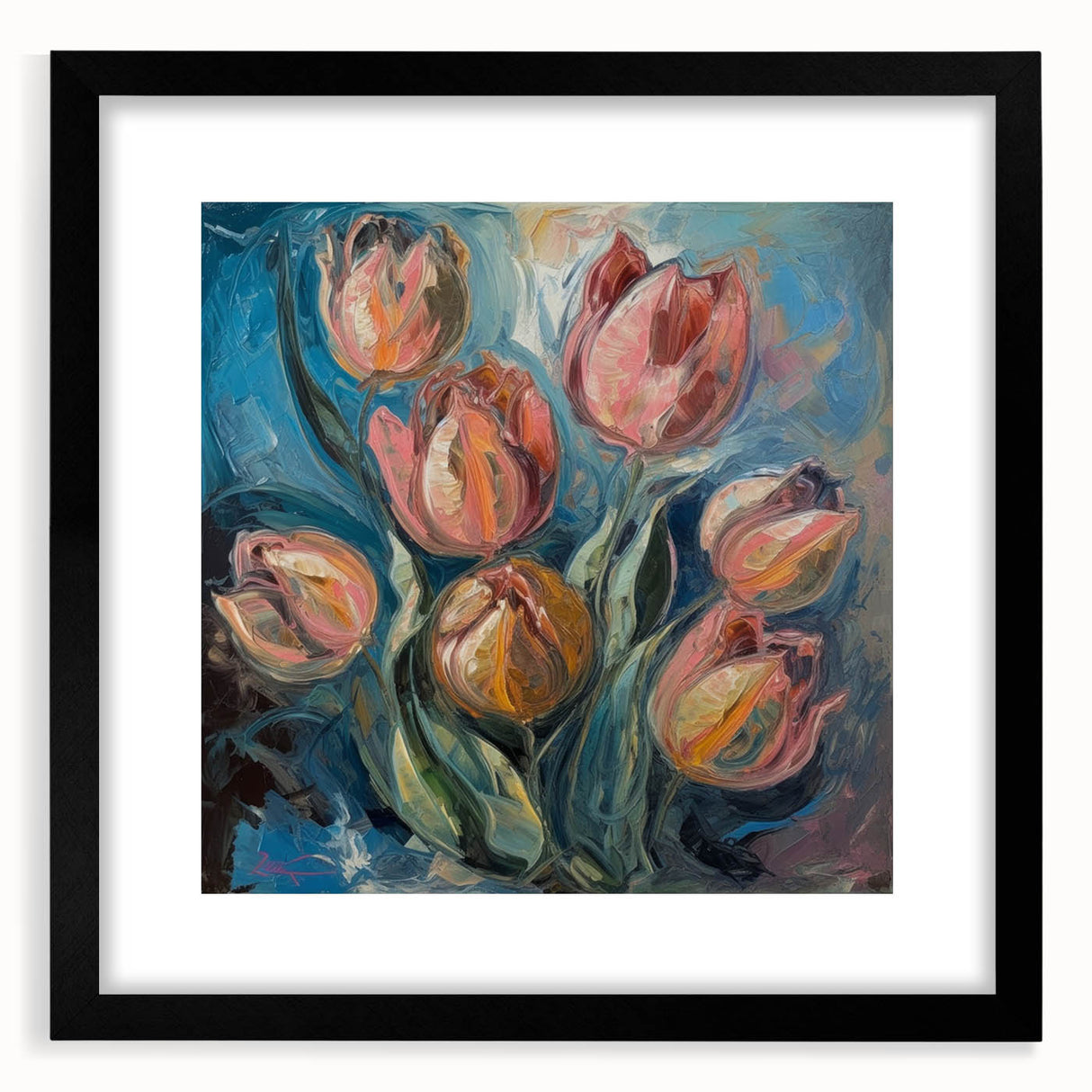 Abstract floral design framed in black, featuring vibrant colors and intricate patterns, ideal for modern home decor or art enthusiasts. Perfect for enhancing interior aesthetics with a touch of elegance.