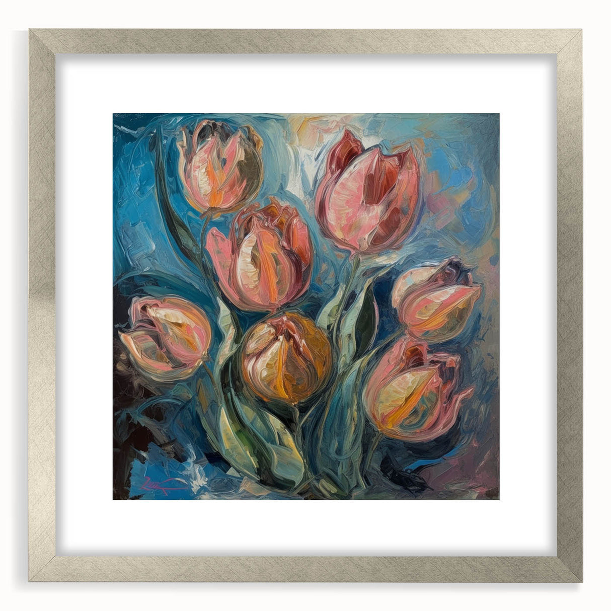 Abstract floral frame with a silver mat, showcasing vibrant colors and intricate designs, perfect for enhancing home decor and adding artistic flair.
