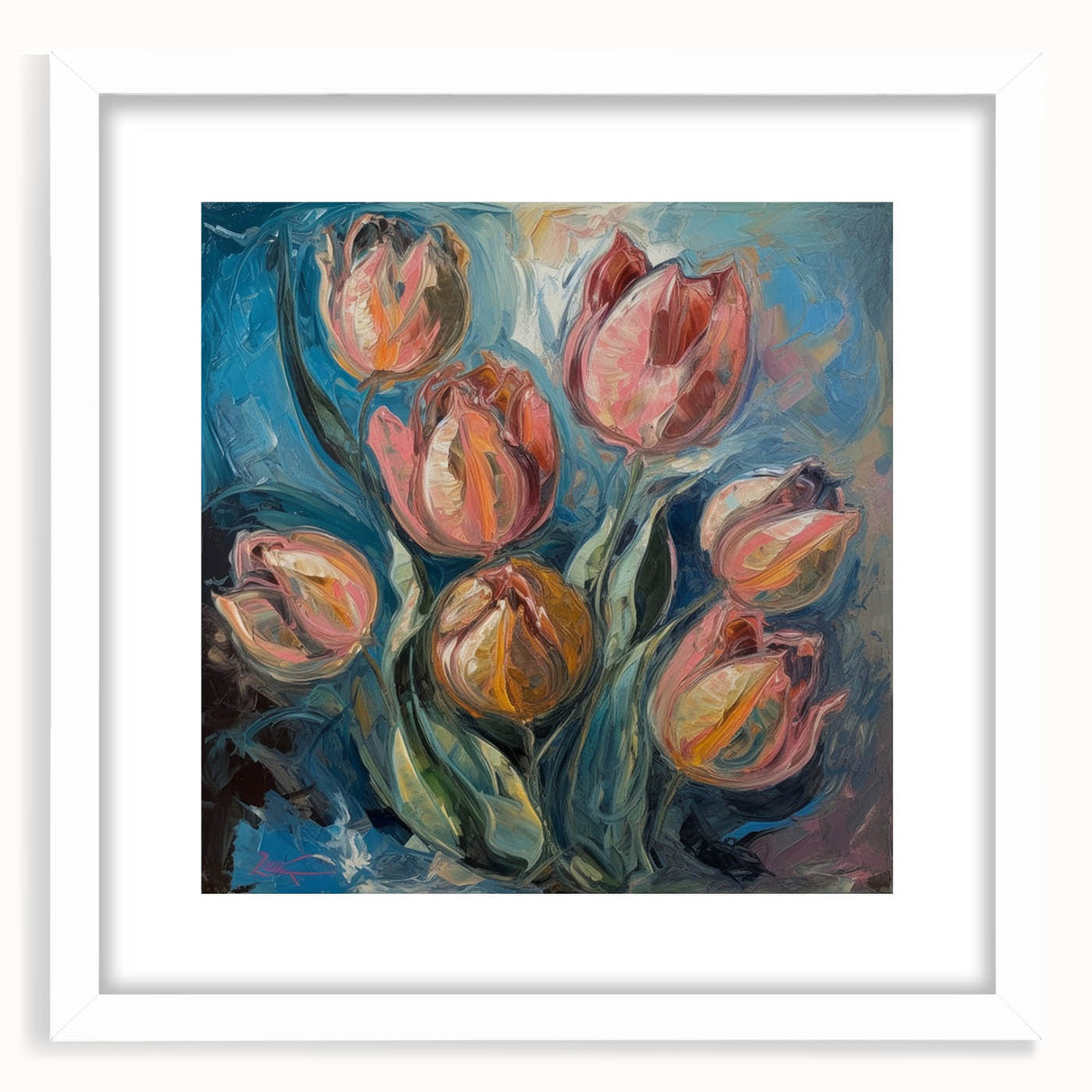 Abstract floral frame artwork with a white mat, showcasing vibrant colors and intricate designs, ideal for modern home decor or gallery displays. This striking piece adds a touch of elegance and creativity to any room, enhancing the overall aesthetic.