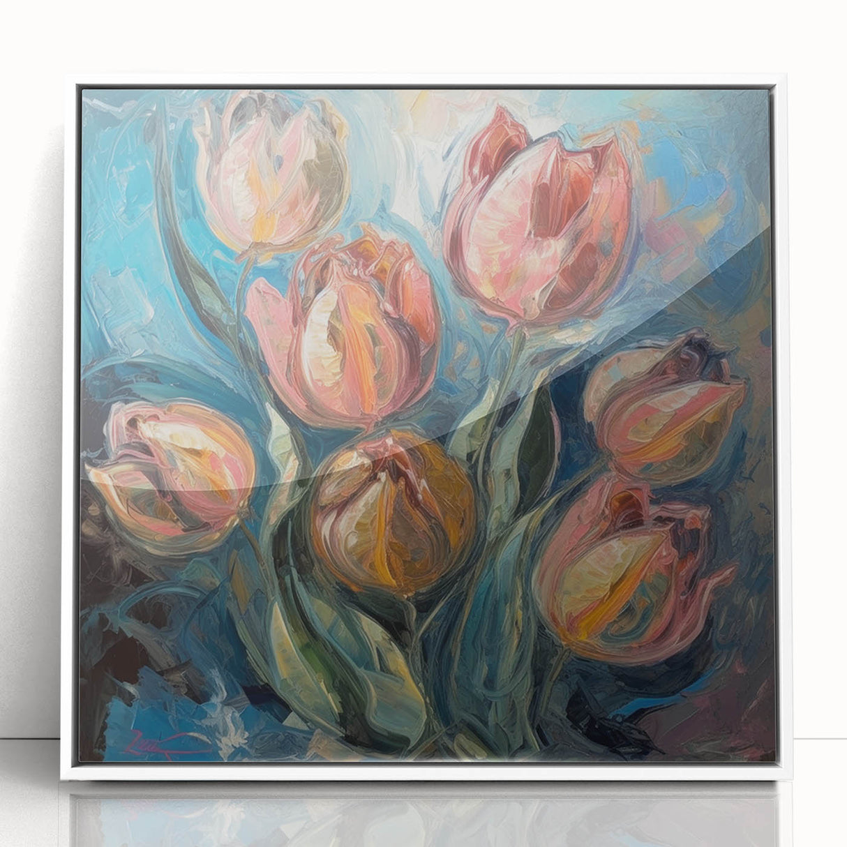Framed acrylic artwork showcasing abstract floral design in vibrant colors, set against a white background, perfect for modern home decor and interior design accents.