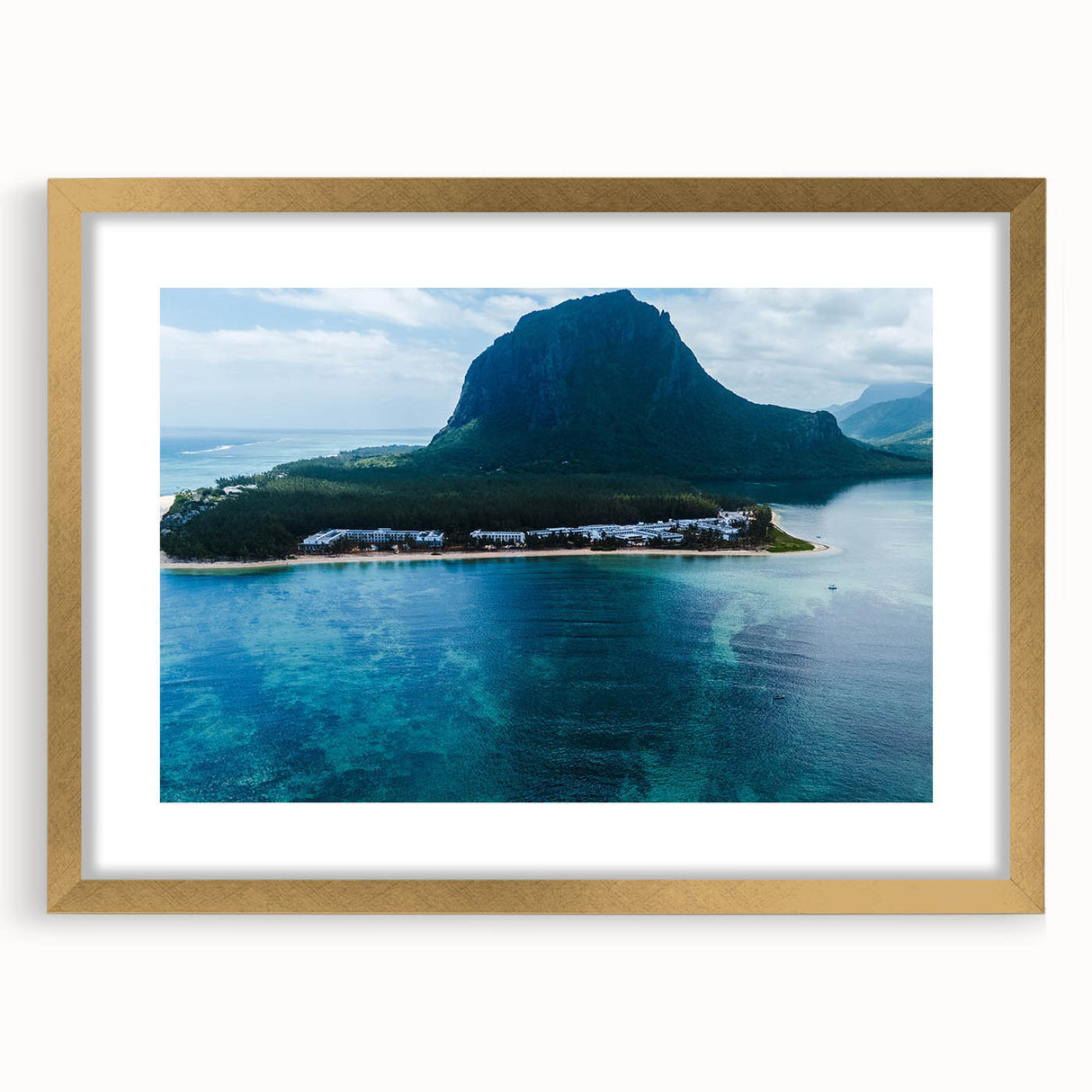 Textured abstract art print of African scenery in muted earth tones on a gold-framed canvas, suitable for bedroom art.