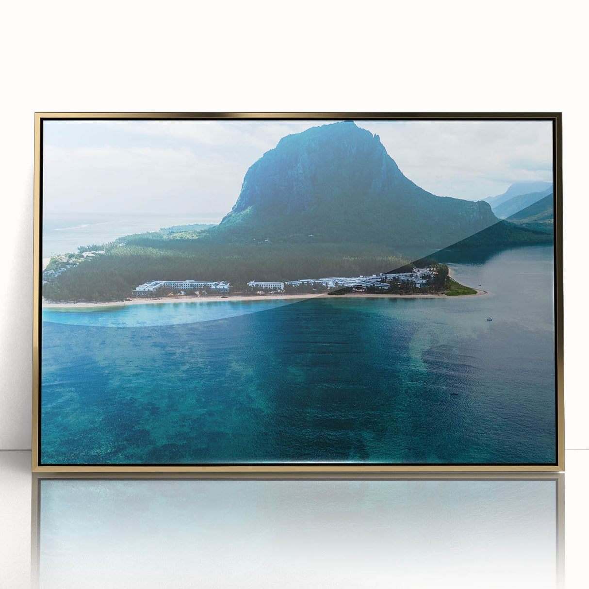 Mid-century modernist art depicting a serene Mauritius landscape in acrylic, framed in gold, ideal for nursery wall decor.