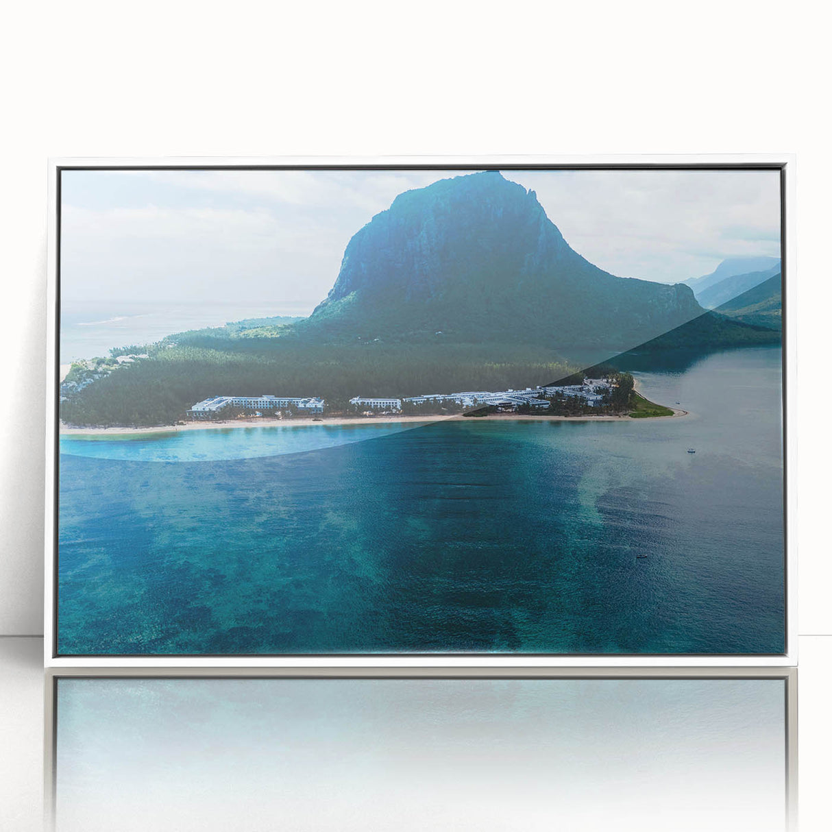 Framed acrylic print of a Mauritius landscape in muted earth tones, ideal for modern art wall decor.