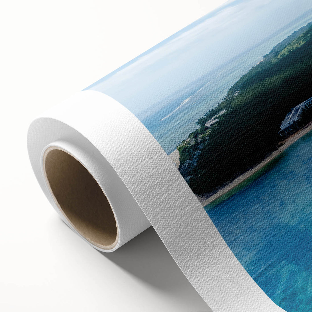 Art Deco style poster of a scenic Mauritius landscape on rolled canvas, featuring pastel shades, ideal for nursery wall art.