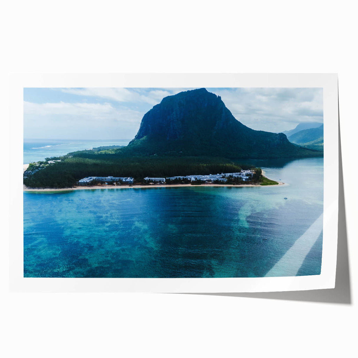 Extra large rolled print of a Mauritius scenery with vibrant floral elements, suitable for dining room wall art.