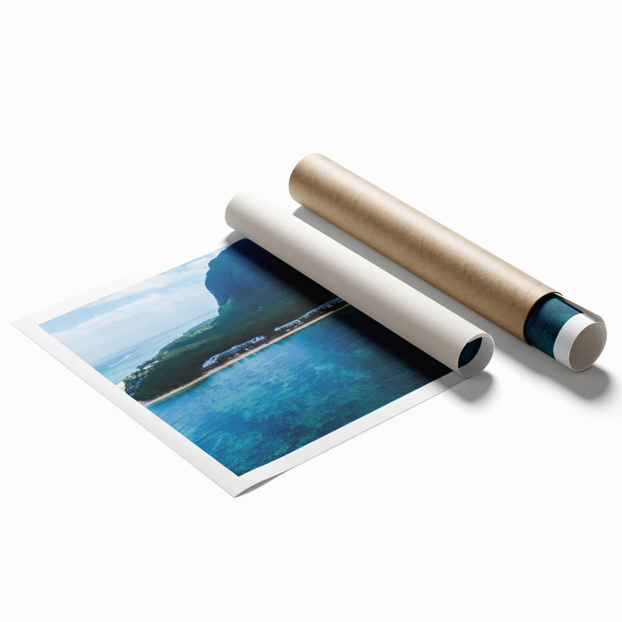 Extra large rolled print of a Mauritian landscape with vibrant greenery and floral elements.