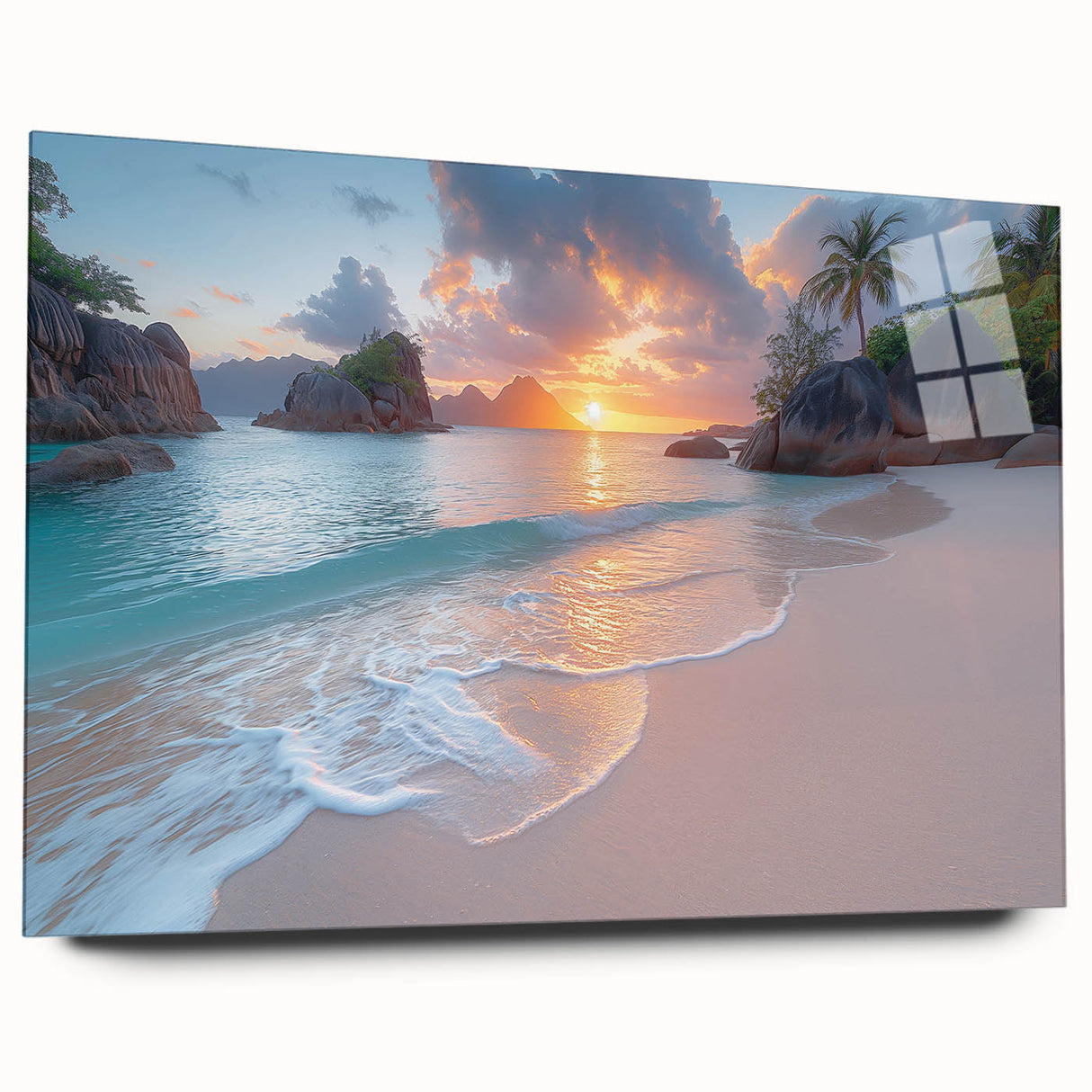 Large abstract wall art of Seychelles scenery in vibrant blues and greens on acrylic glass.