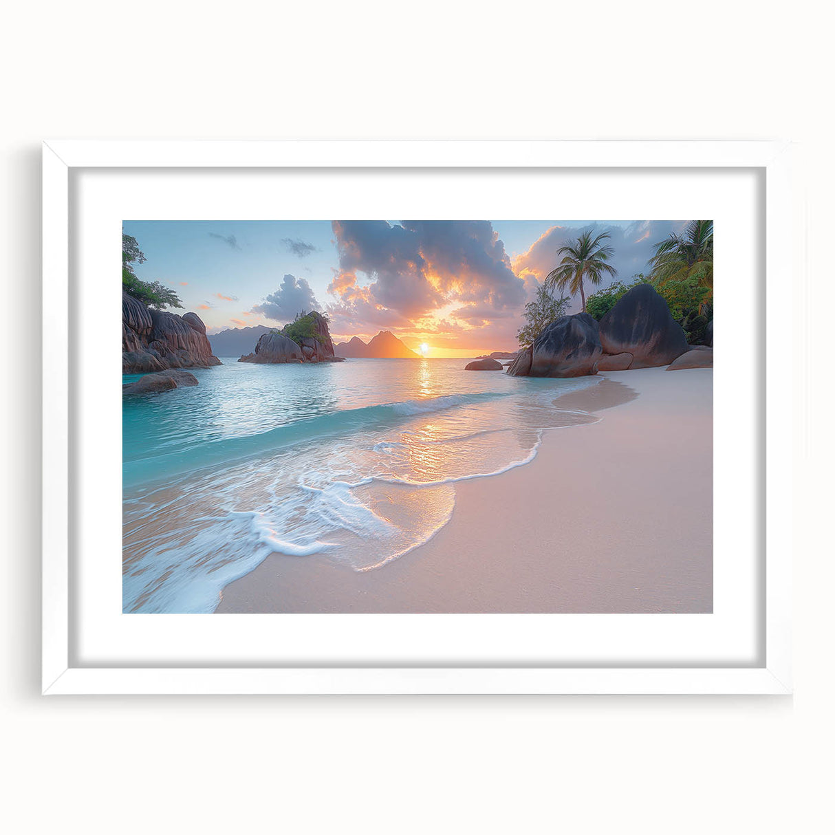 Abstract art print of Seychelles scenery in muted blue and green tones on a white framed mat, suitable for dining room decor.