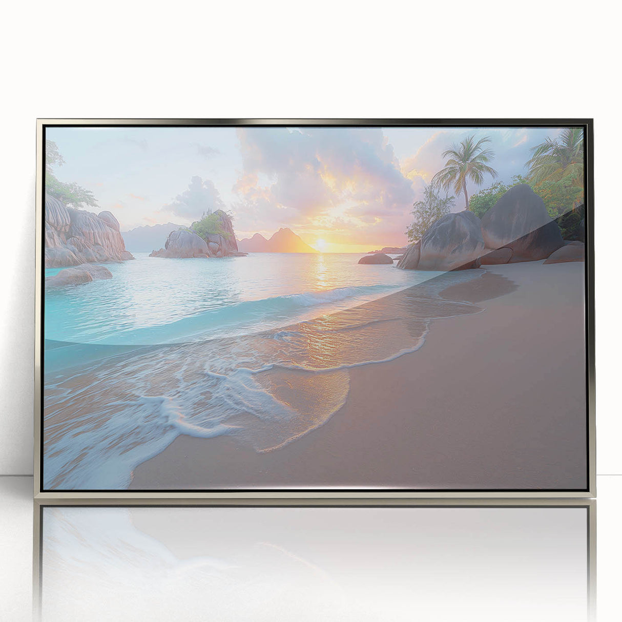 Large art print of Seychelles scenery in mid-century modernist style, framed in silver acrylic.