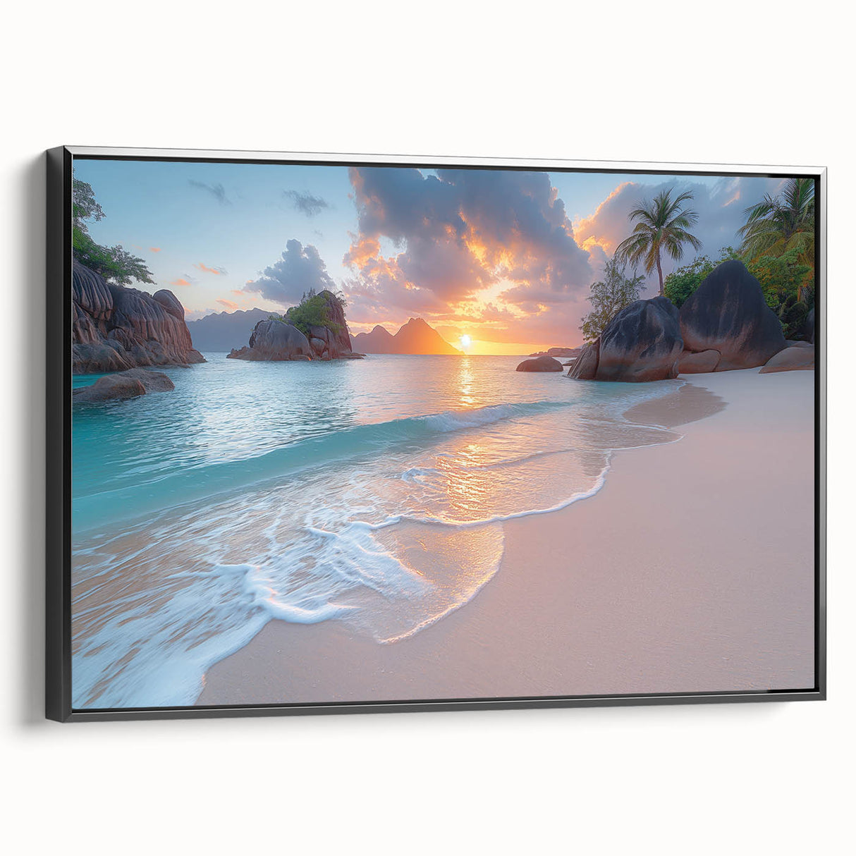 Framed canvas of a black and white landscape painting featuring the Seychelles, ideal for bedroom wall decor.