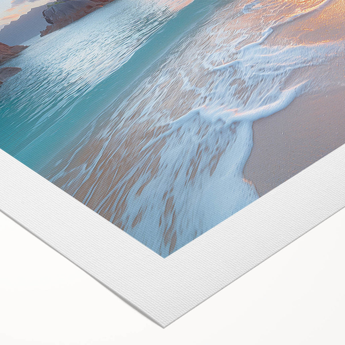 Art deco poster of Seychelles scenery in pastel blue and green tones on rolled canvas, suitable for dining room wall art.