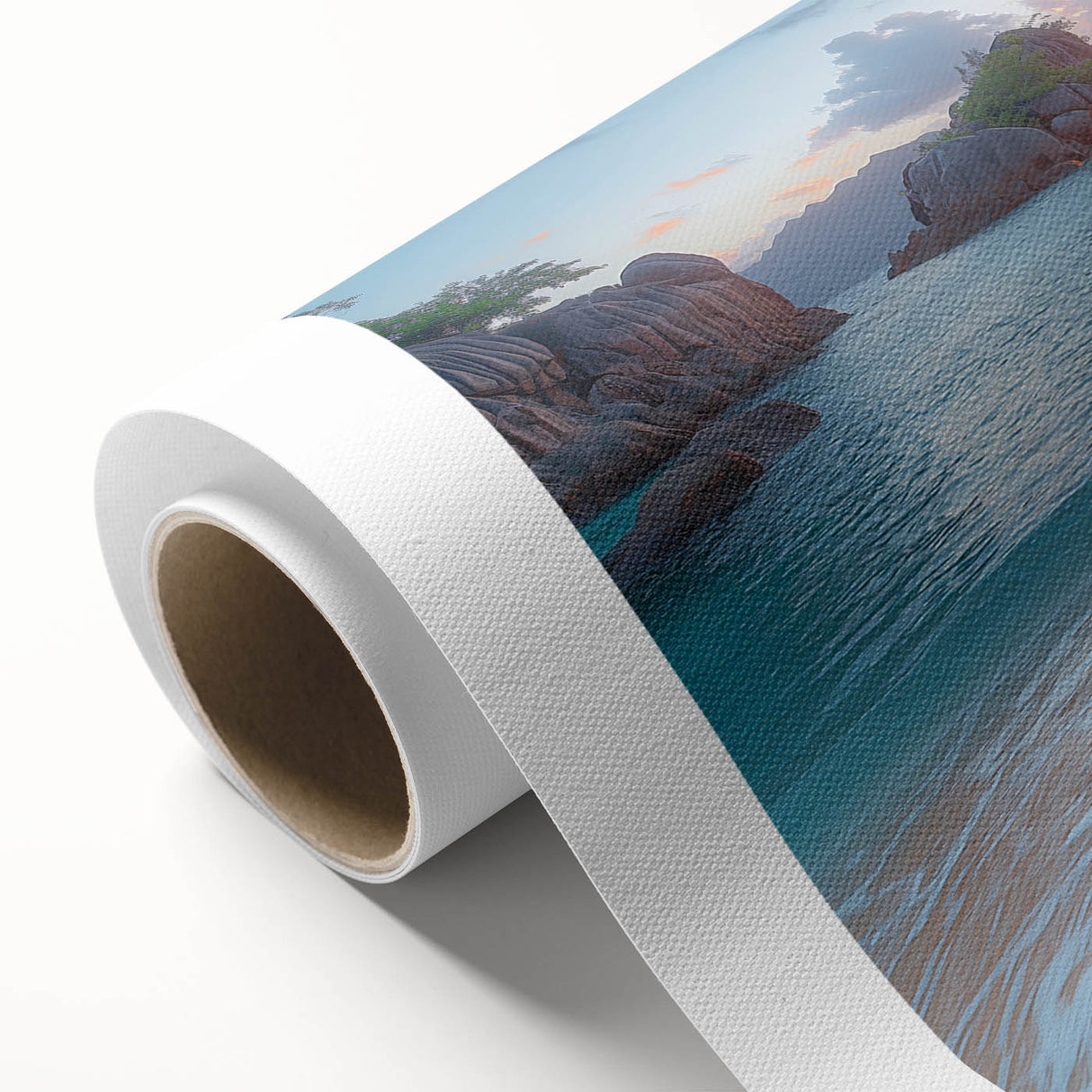 Art deco poster of Seychelles scenery on rolled canvas, featuring muted blue and green tones, ideal for nursery wall art.