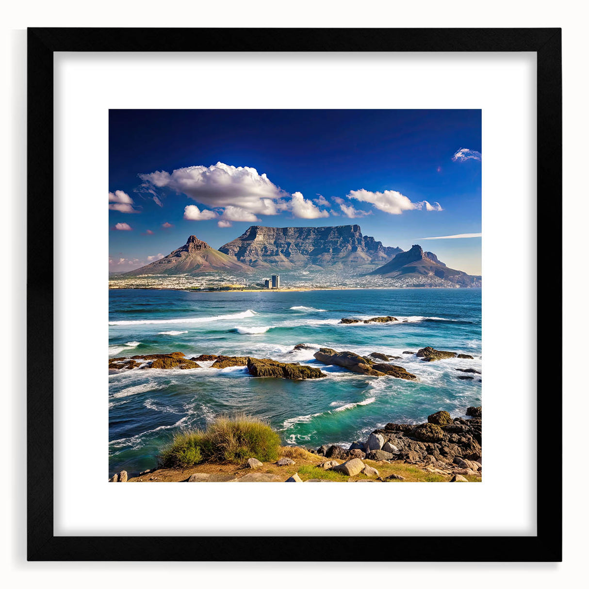 Extra large framed wall art of an abstract African scenery in vibrant, colorful textures, ideal for living room decor.