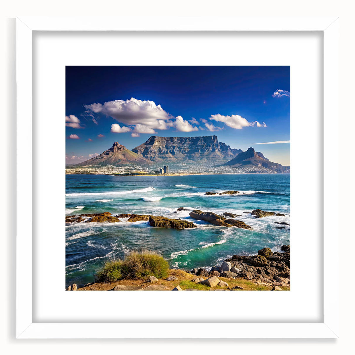 Abstract art print of a South African landscape in muted earth tones on a white framed mat, ideal for dining room decor.