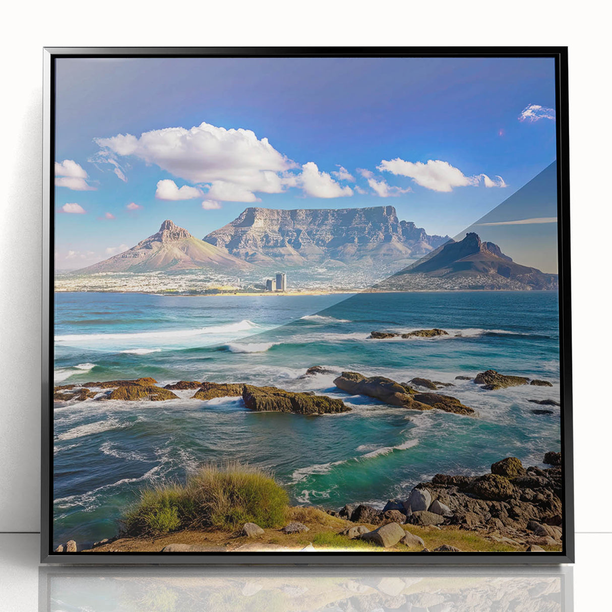 Large abstract wall art depicting a South African scenery in muted earth tones, framed in black acrylic.