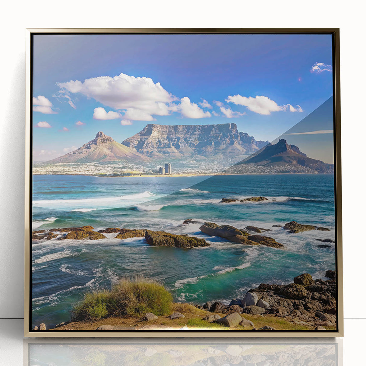 Large art print of a South African scenery in gold and green tones on a framed acrylic, ideal for modern art wall decor.