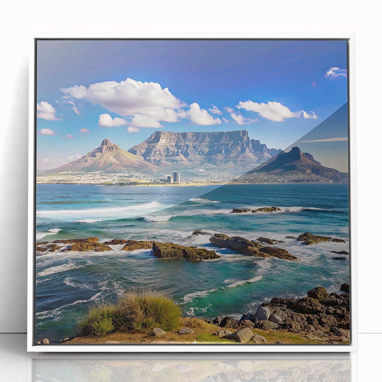 Acrylic print of a South African landscape in art deco style, with muted earth tones, ideal for modern nursery wall art.
