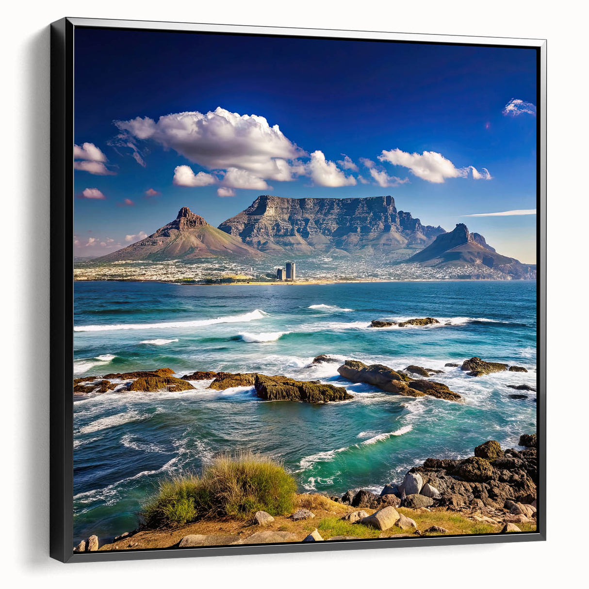 Black and white framed canvas featuring a vintage-style African landscape, suitable for bedroom wall decor.