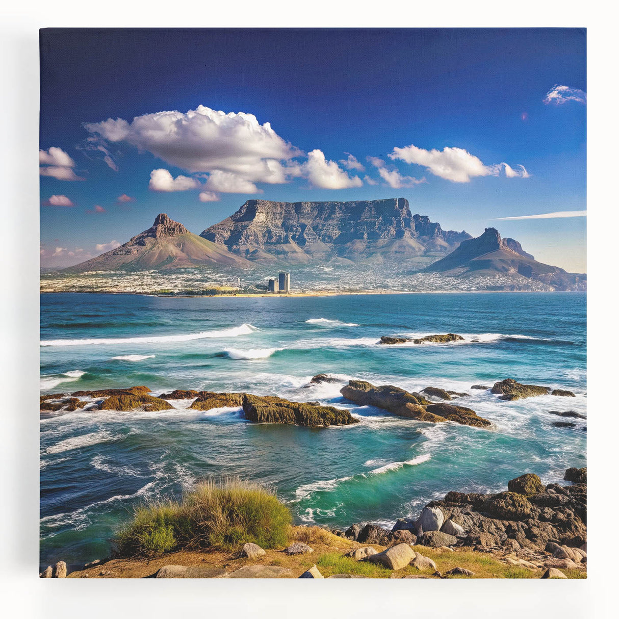 Black and white stretched canvas of African scenery, featuring a large tree and distant mountains.