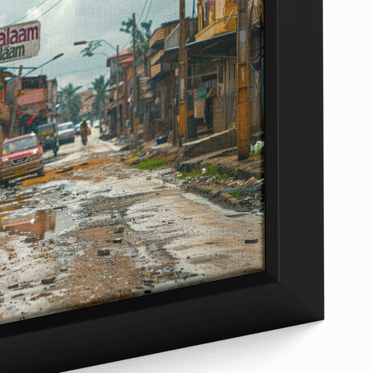 Extra large framed canvas featuring a textured depiction of a Tanzanian landscape in black with colorful accents.