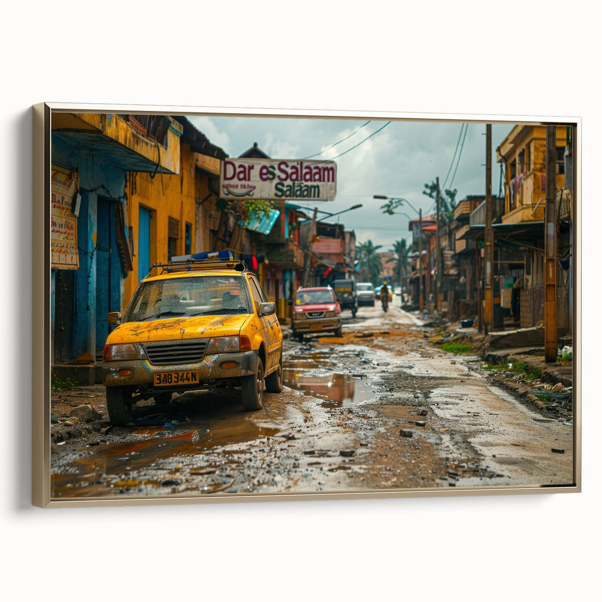 Framed canvas wall art featuring a vintage-style landscape of Tanzania with muted gold and black tones.