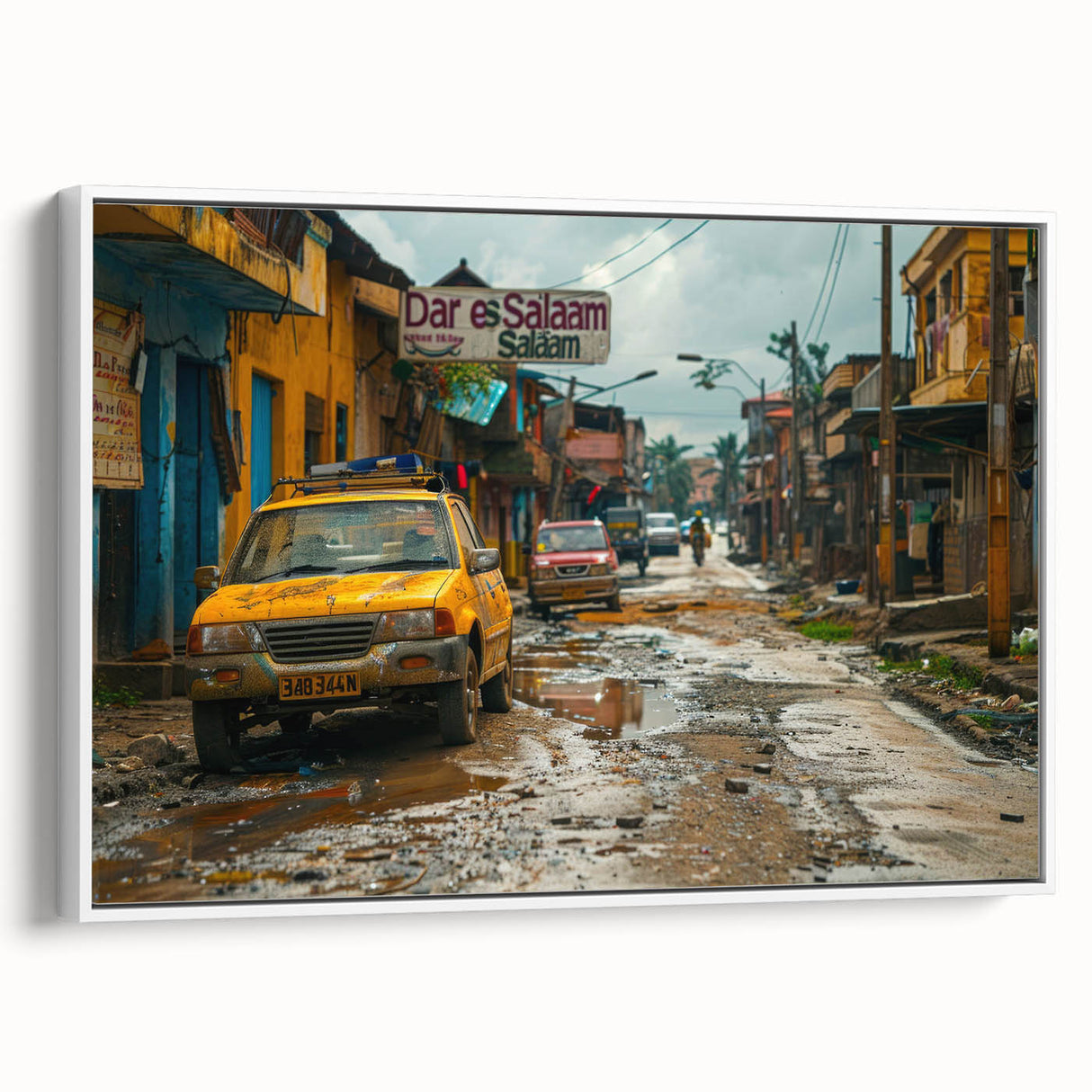 Vintage poster art of a Tanzanian landscape on framed canvas, featuring colorful art with black accents.