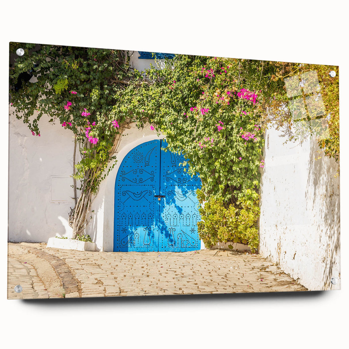 Large abstract wall art depicting a Tunisian landscape in muted earth tones on acrylic glass.