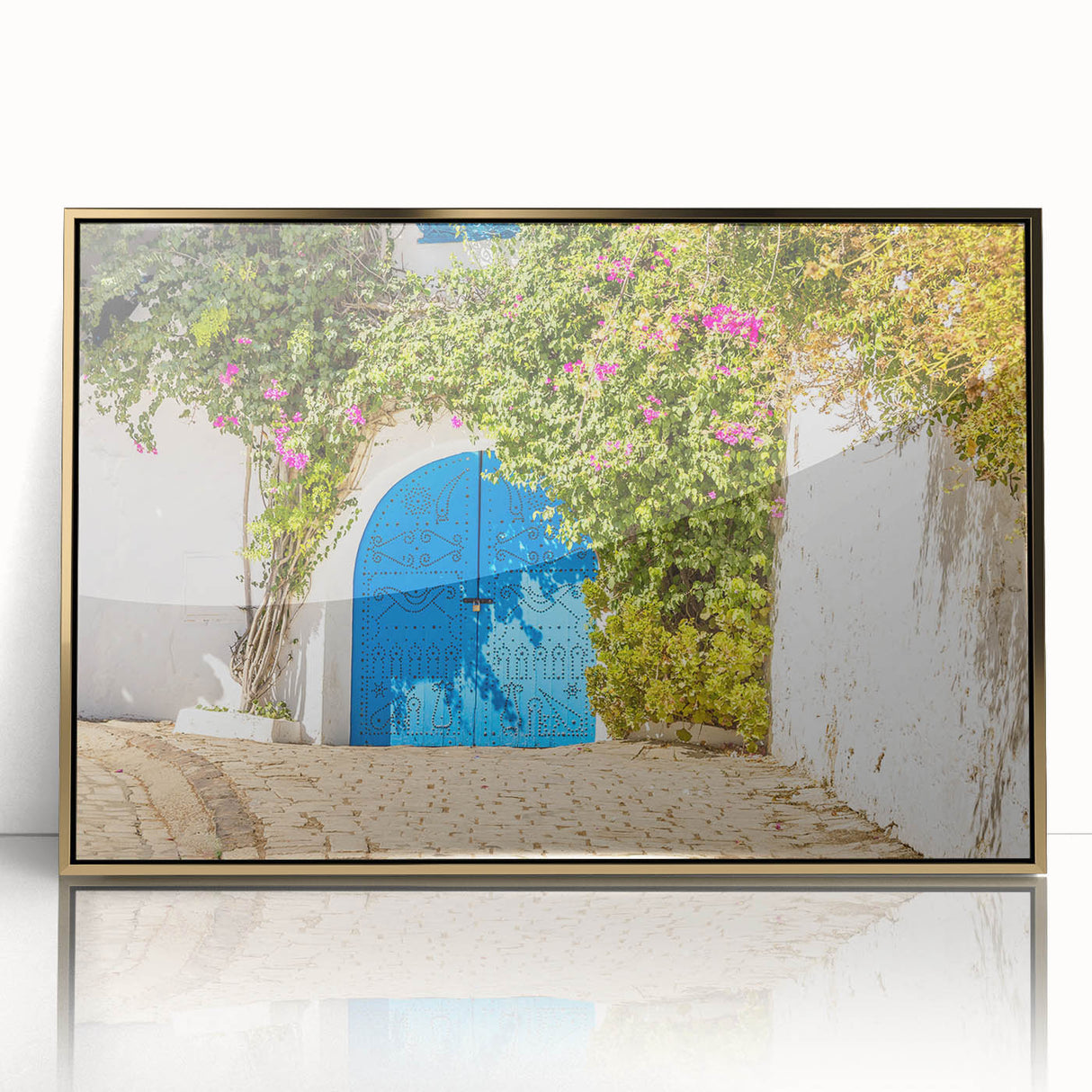 Framed acrylic print of a Tunisian landscape in gold and earth tones, ideal for modern art wall decor.