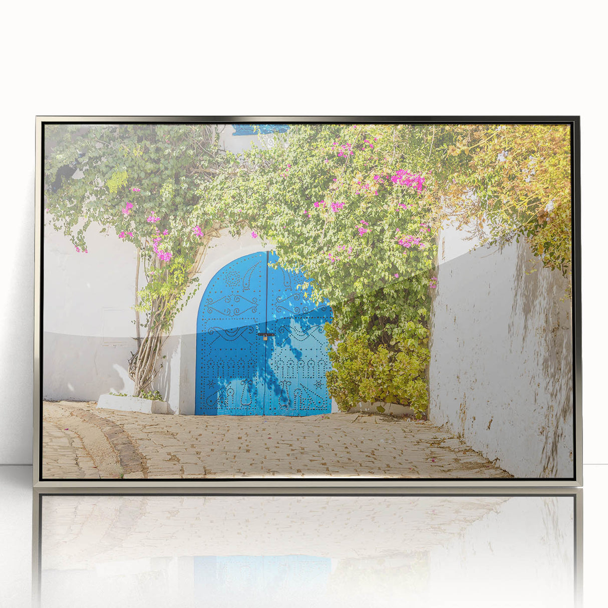 Mid-century modernist art of a Tunisian landscape in muted earth tones, acrylic print framed in silver.