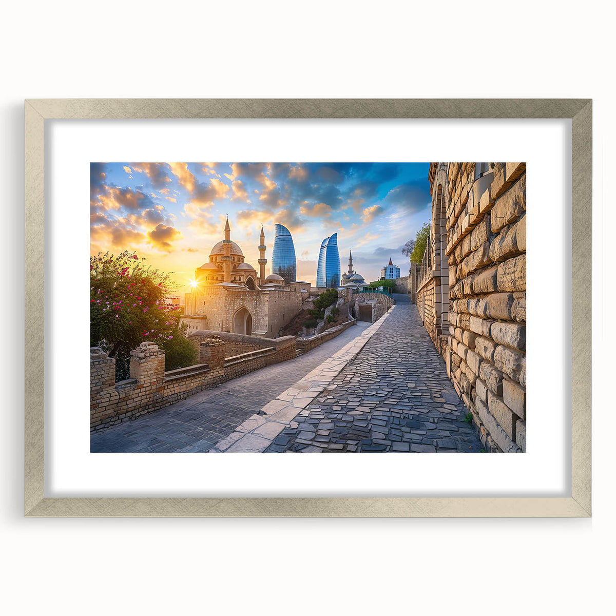 Textured abstract art print of an Asian scenery in muted earth tones, framed in silver, ideal for bedroom wall decor.