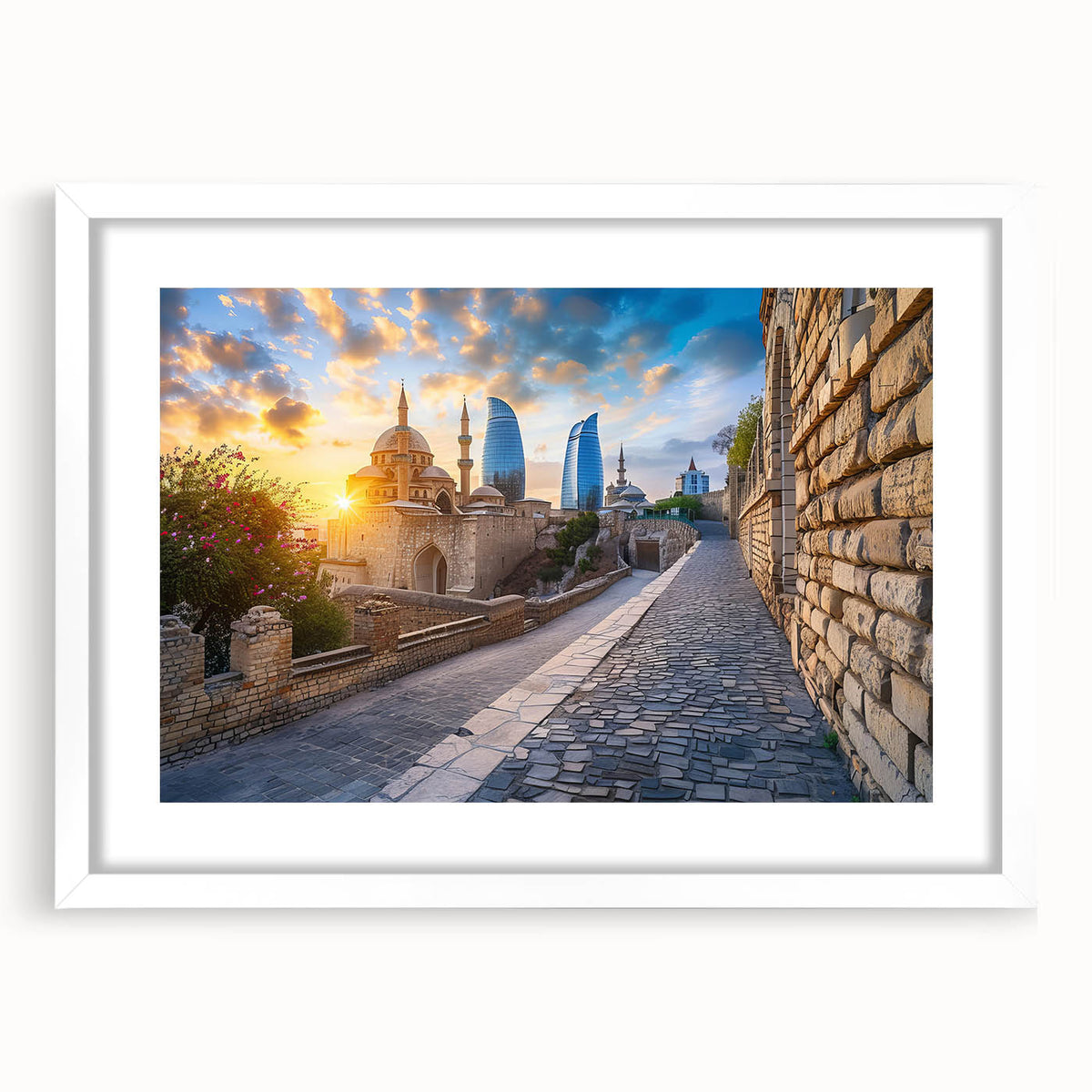 Abstract art print of a serene landscape in muted earth tones, framed with a white mat, ideal for dining room decor.