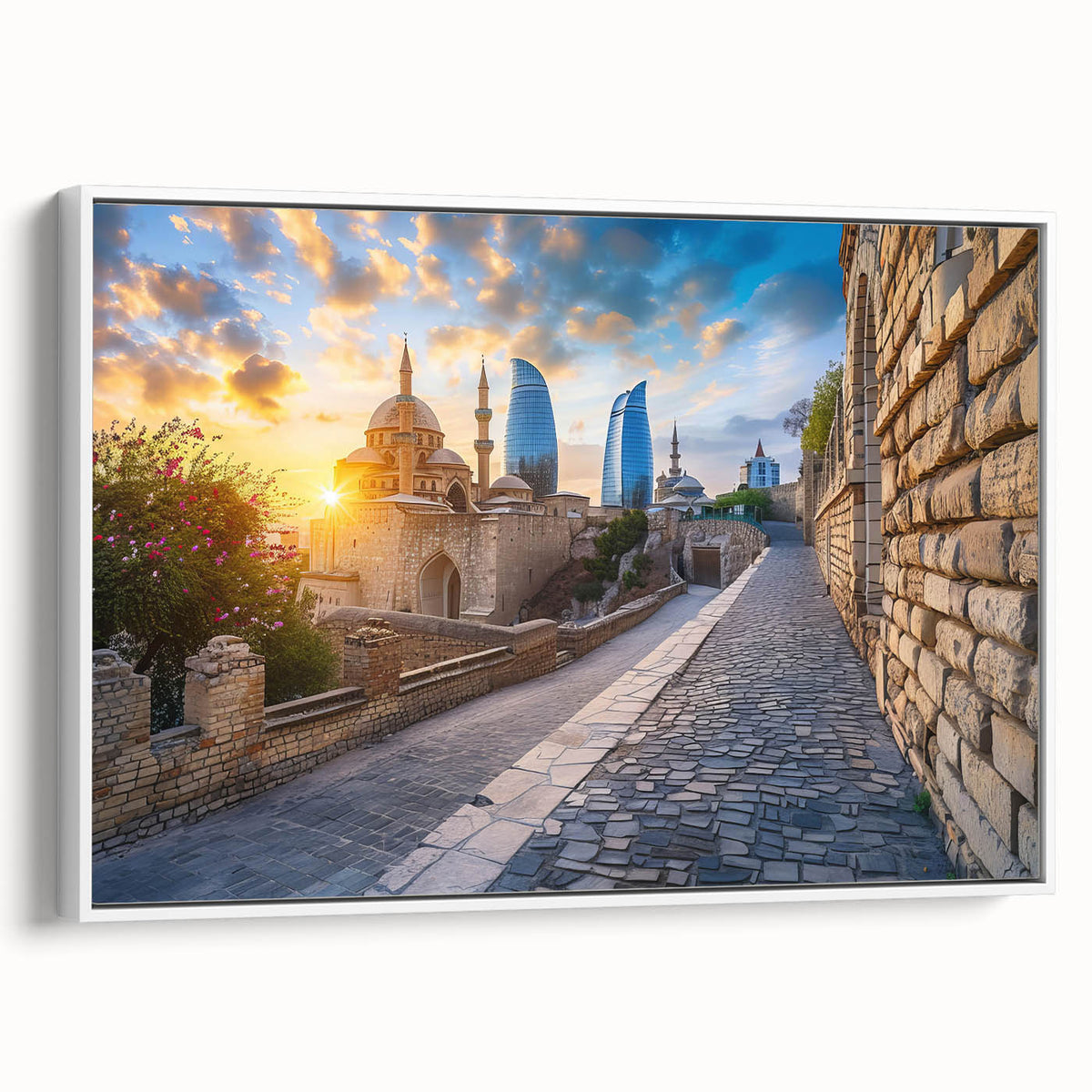 Vintage poster art of an Azerbaijani landscape on framed canvas, featuring vibrant colors, ideal for living room decor.