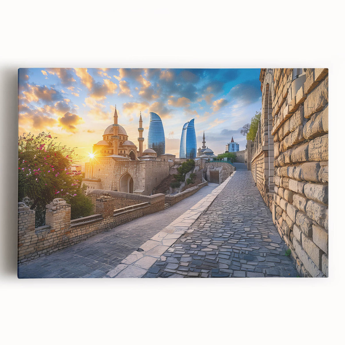 Large black and white stretched canvas of an Asian scenery, ideal for kitchen art.