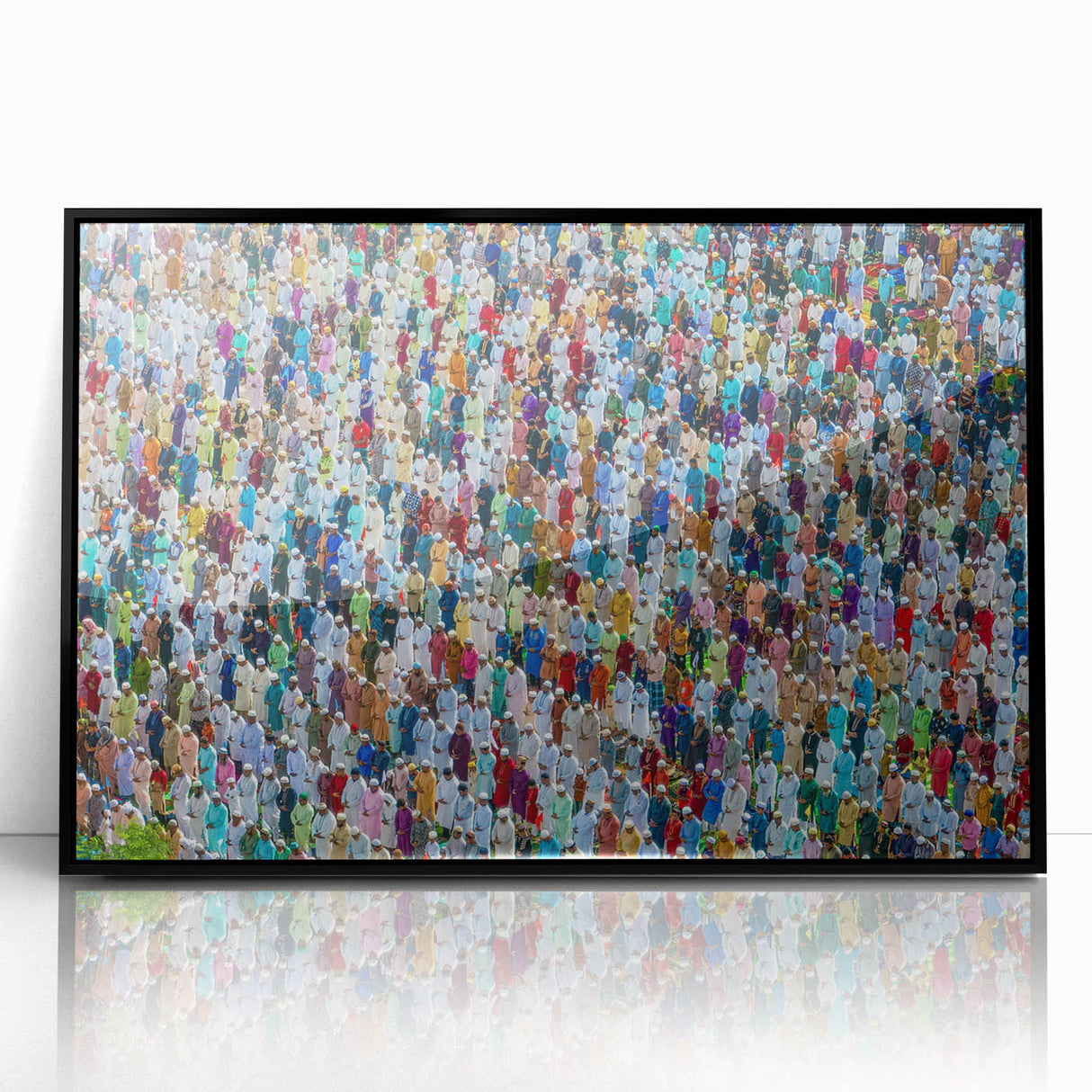 Large abstract wall art depicting a serene Bangladesh landscape in muted green and blue tones, framed in black acrylic.